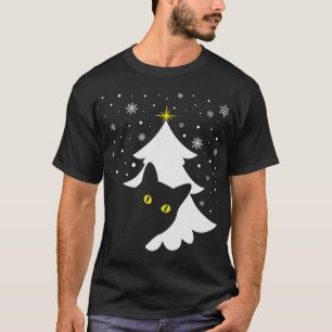 Christmas Black Cat Christmas Tree snow and stars  T-Shirt