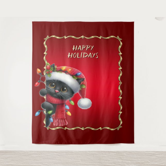 Christmas Black Cat Holiday Backdrop Tapestry (Front)
