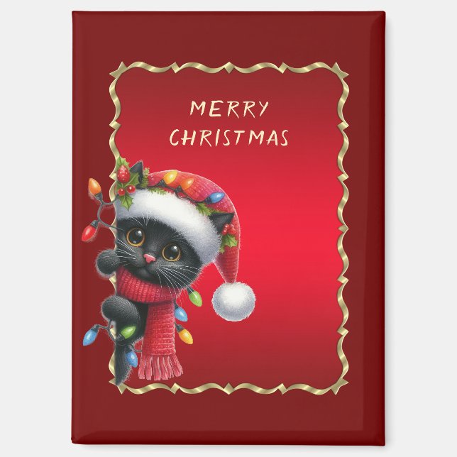 Christmas Black Cat Holiday Magnet (Front)