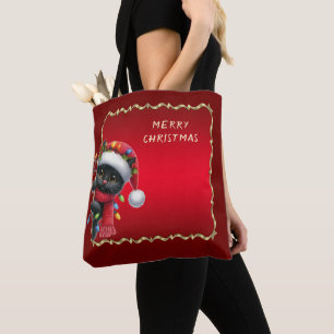 Christmas Black Cat Holiday Tote Bag
