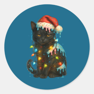 Christmas Black Cat Ice Cream Drip Santa Hat Cute  Classic Round Sticker