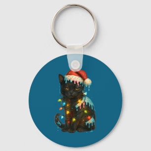 Christmas Black Cat Ice Cream Drip Santa Hat Cute  Key Ring