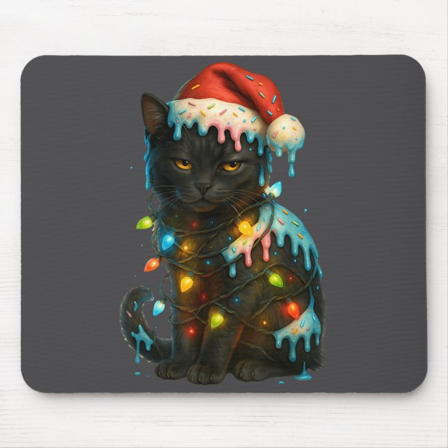 Christmas Black Cat Ice Cream Drip Santa Hat Cute  Mouse Mat (Front)
