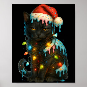 Christmas Black Cat Ice Cream Drip Santa Hat Cute  Poster