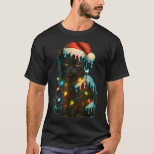 Christmas Black Cat Ice Cream Drip Santa Hat Cute  T-Shirt