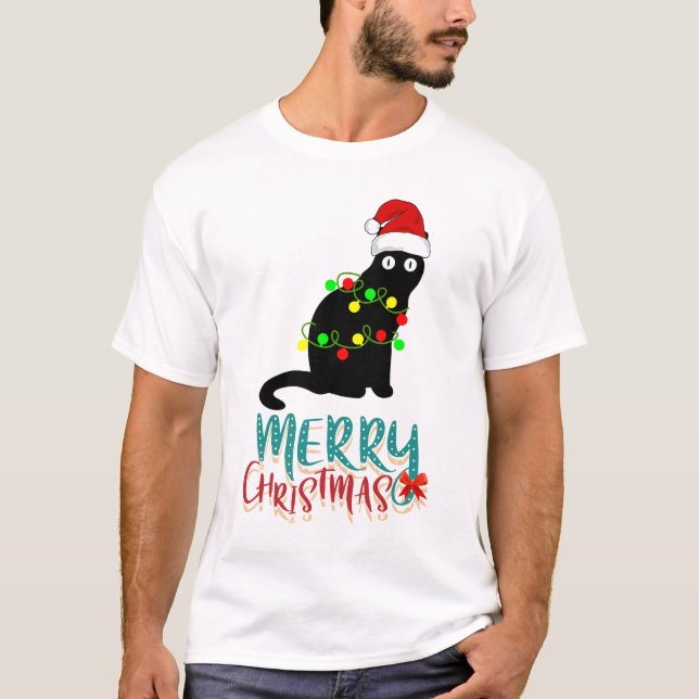 Christmas Black Cat - Merry Christmas T-Shirt (Front)