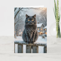 Christmas Black Cat On a Snowy Fence