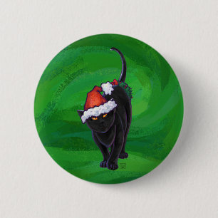 Christmas Black Cat on Green 6 Cm Round Badge