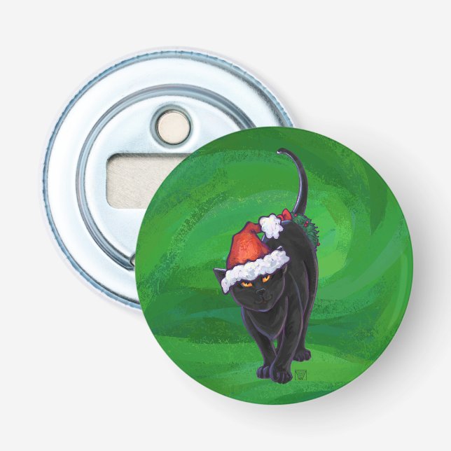 Christmas Black Cat on Green Bottle Opener (Front)