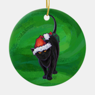 Christmas Black Cat on Green Ceramic Tree Decoration
