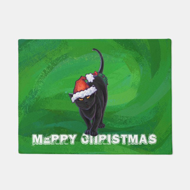 Christmas Black Cat on Green Doormat (Front)