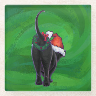 Christmas Black Cat on Green Glass Coaster