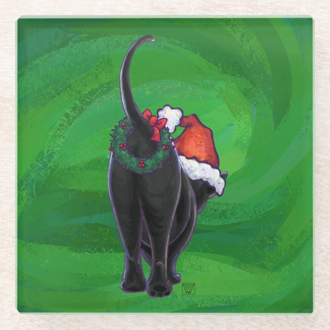 Christmas Black Cat on Green Glass Coaster (Front)