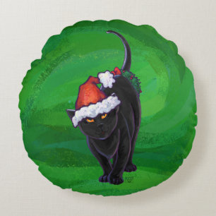 Christmas Black Cat on Green Round Cushion