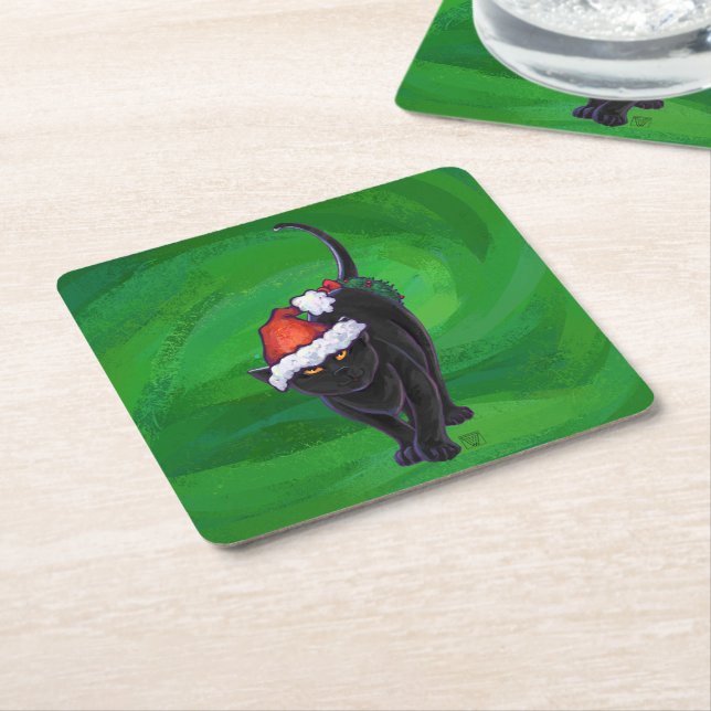 Christmas Black Cat on Green Square Paper Coaster (Angled)