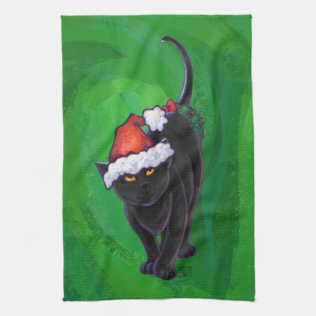 Christmas Black Cat on Green Tea Towel (Vertical)