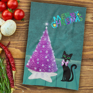 Christmas Black Cat Pink Silver Tree Teal Room Tea Towel