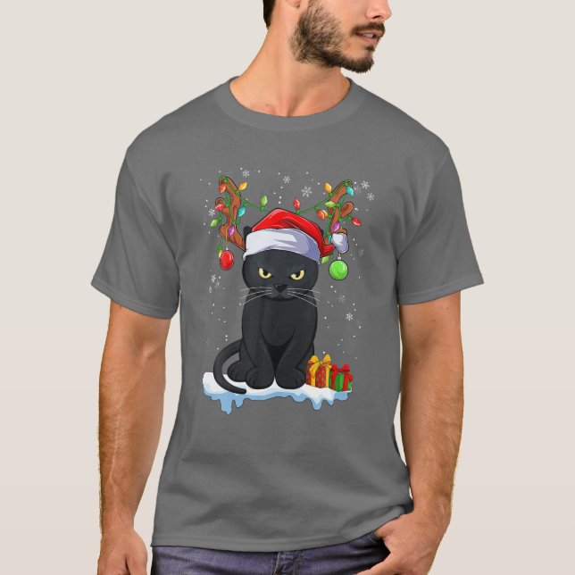 Christmas Black Cat Reindeer Antlers Funny Xmas Ca T-Shirt (Front)