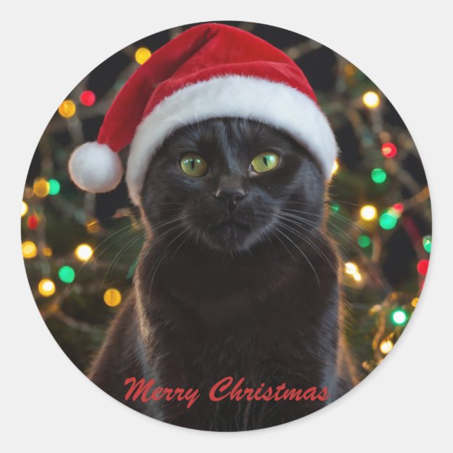 Christmas Black Cat - Santa Hat Personalised photo Classic Round Sticker (Front)