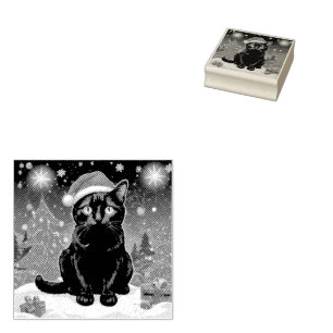 Christmas Black Cat - Santa Hat Personalised photo Rubber Stamp