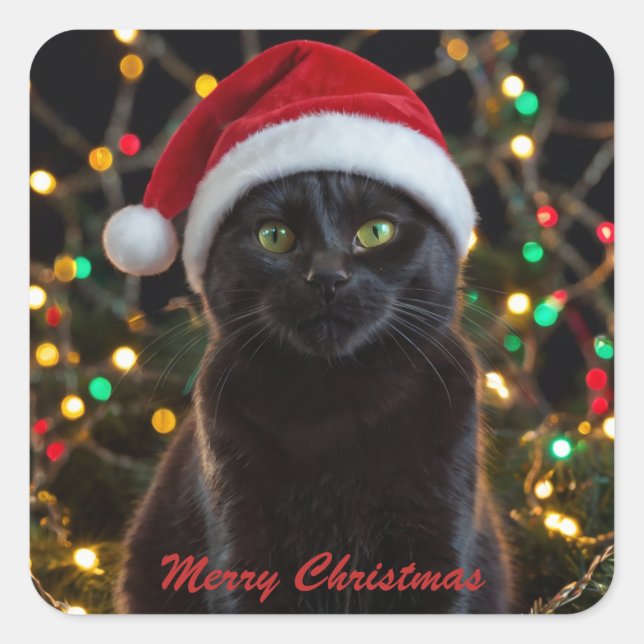 Christmas Black Cat - Santa Hat Personalised photo Square Sticker (Front)