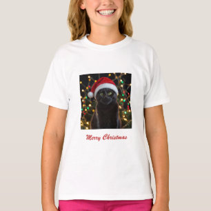 Christmas Black Cat - Santa Hat Personalised photo T-Shirt