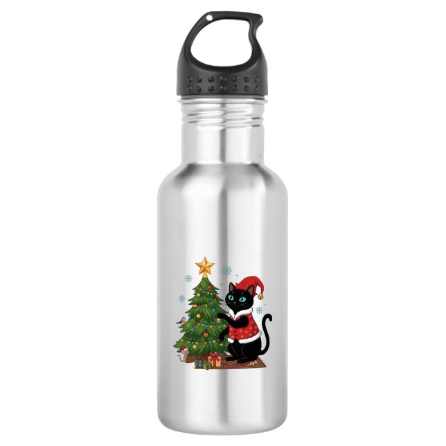 Christmas Black Cat Santa Hat Tree Mouse 532 Ml Water Bottle (Front)