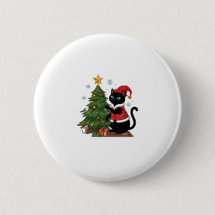 Christmas Black Cat Santa Hat Tree Mouse 6 Cm Round Badge
