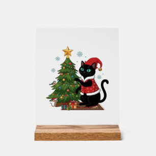 Christmas Black Cat Santa Hat Tree Mouse Acrylic Sign