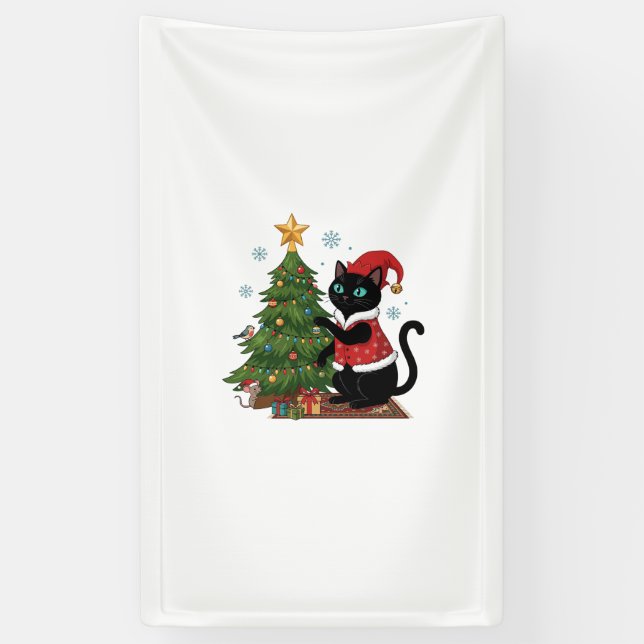 Christmas Black Cat Santa Hat Tree Mouse Banner (Vertical)