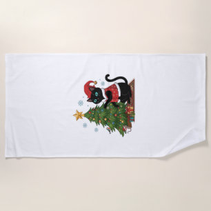 Christmas Black Cat Santa Hat Tree Mouse Beach Towel