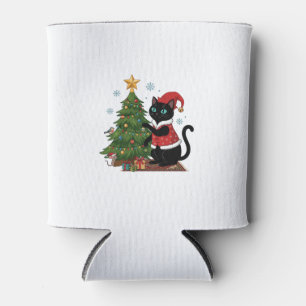 Christmas Black Cat Santa Hat Tree Mouse Can Cooler