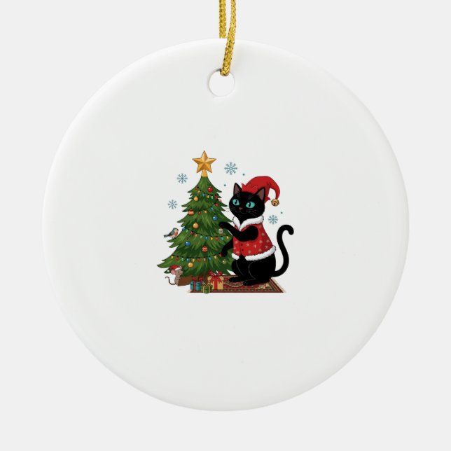 Christmas Black Cat Santa Hat Tree Mouse Ceramic Tree Decoration (Front)