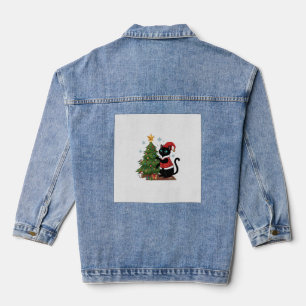 Christmas Black Cat Santa Hat Tree Mouse Denim Jacket