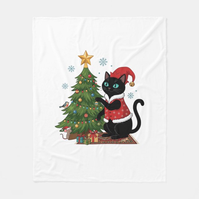 Christmas Black Cat Santa Hat Tree Mouse Fleece Blanket (Front)