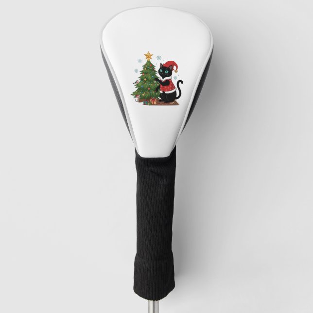Christmas Black Cat Santa Hat Tree Mouse Golf Head Cover (Front)