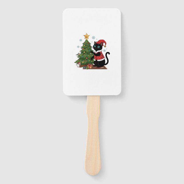 Christmas Black Cat Santa Hat Tree Mouse Hand Fan (Front)