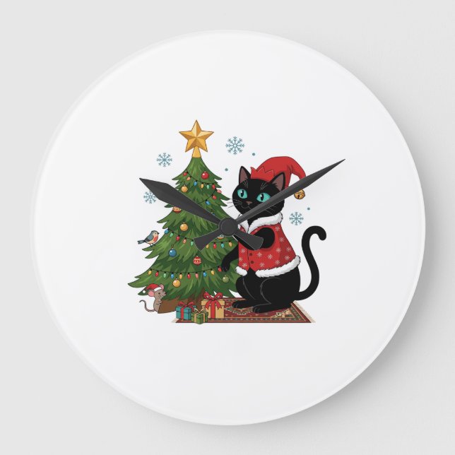 Christmas Black Cat Santa Hat Tree Mouse Large Clock (Front)