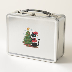 Christmas Black Cat Santa Hat Tree Mouse Metal Lunch Box
