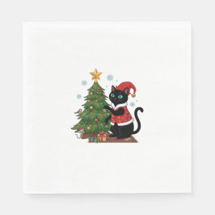 Christmas Black Cat Santa Hat Tree Mouse Napkin