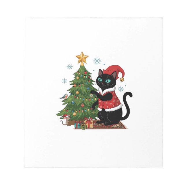 Christmas Black Cat Santa Hat Tree Mouse Notepad (Front)