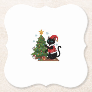 Christmas Black Cat Santa Hat Tree Mouse Paper Coaster