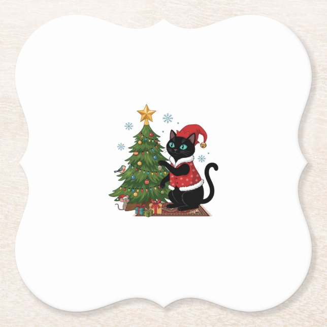 Christmas Black Cat Santa Hat Tree Mouse Paper Coaster (Front)