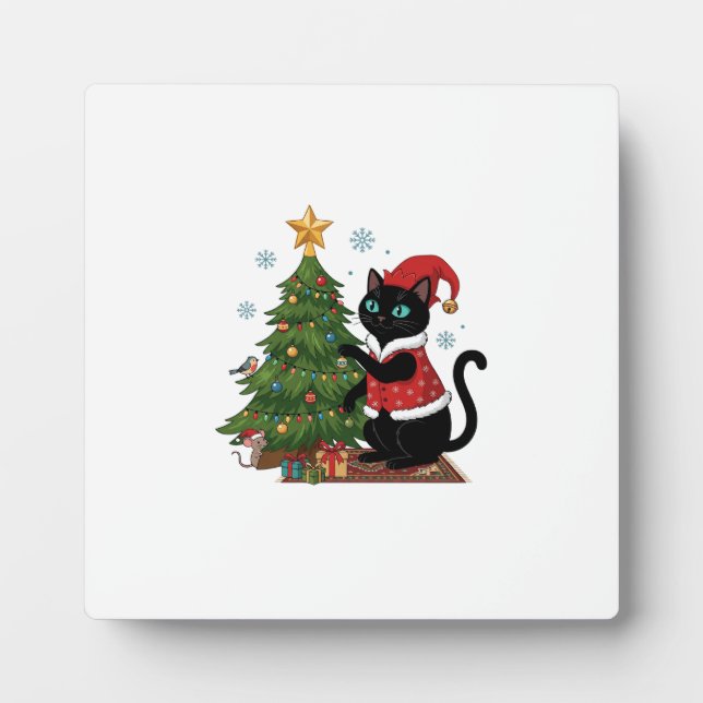 Christmas Black Cat Santa Hat Tree Mouse Plaque (Front)