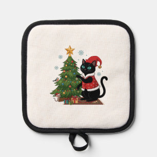 Christmas Black Cat Santa Hat Tree Mouse Pot Holder