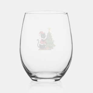 Christmas Black Cat Santa Hat Tree Mouse Stemless Wine Glass