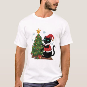 Christmas Black Cat Santa Hat Tree Mouse T-Shirt