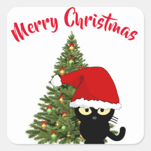 Christmas Black Cat Square Sticker