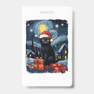 Christmas Black Cat Starry Night Van Gogh Retro Ca ID Badge