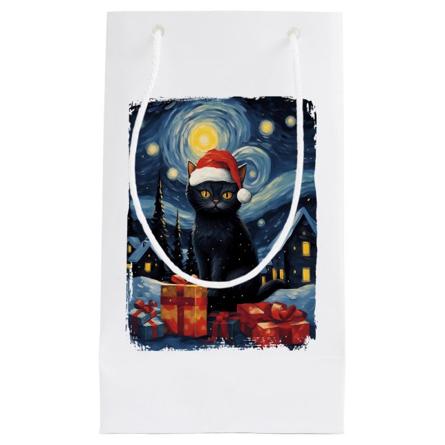 Christmas Black Cat Starry Night Van Gogh Retro Ca Small Gift Bag (Front)